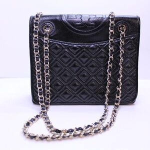 Tory Burch Quilted Leather Shoulder Bag Black Double Chain Strap Flap Handbag